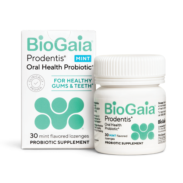 BioGaia Prodentis Mint 30-lozenge probiotic box and bottle, oral health probiotic for healthy gums and teeth — vendor product photo