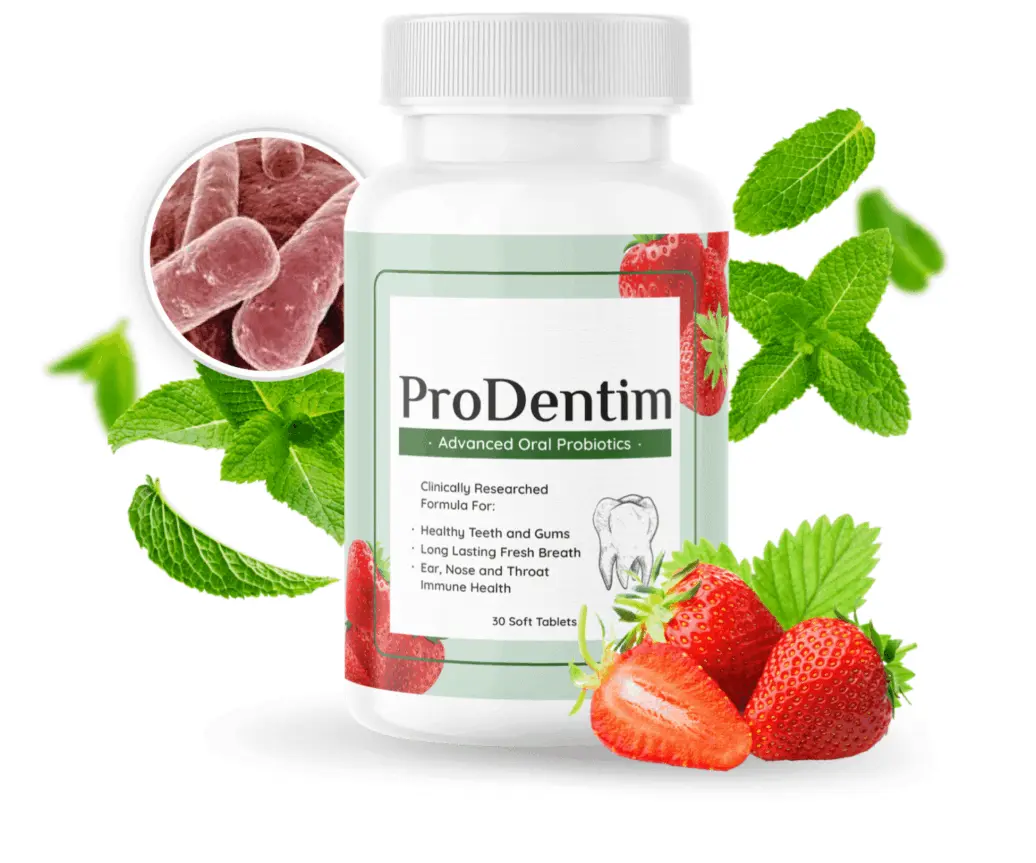 ProDentim Advanced Oral Probiotics bottle (30 soft tablets) shown with strawberry and mint accents — vendor product photo