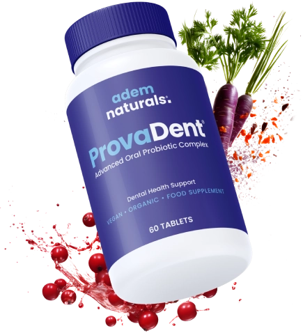 ProvaDent Advanced Oral Probiotic Complex 60-tablet bottle by adem naturals with cranberry and root-vegetable accents — vendor product photo
